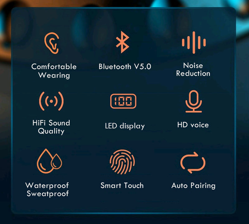 Fones de ouvido TWS Bluetooth 5.0 Caixa de carregamento de 2200 mAh à prova d'água com microfone